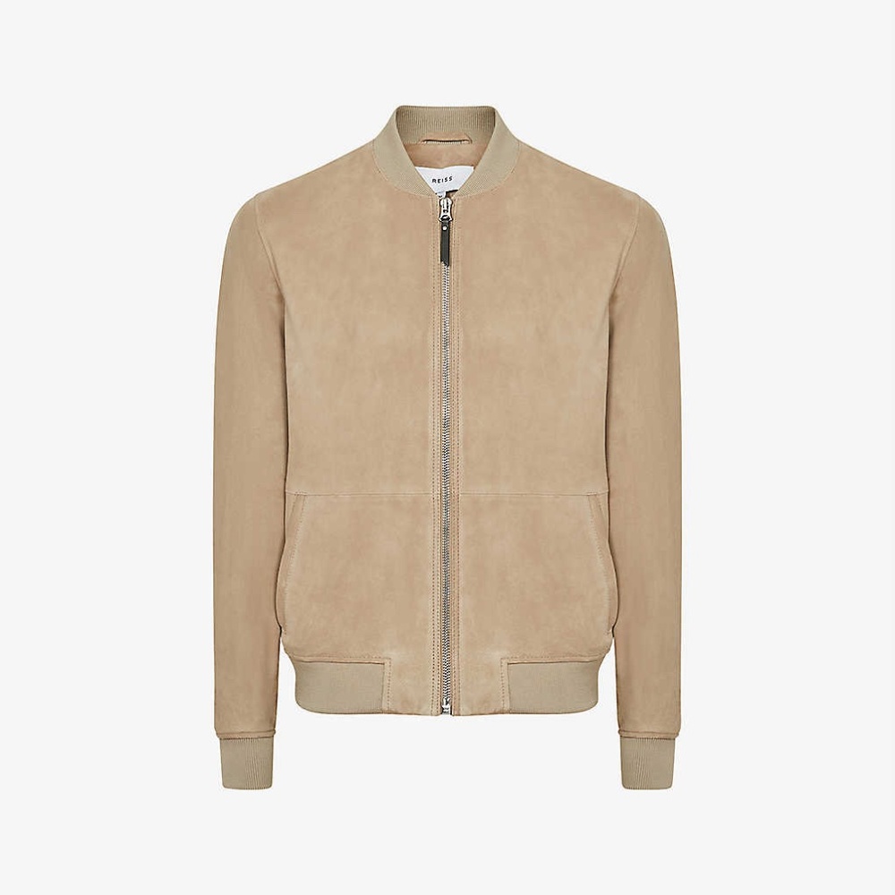 NWT $735 Reiss Dilan Men's Suede Zip Through Bomber Jacket in Stone Sz M